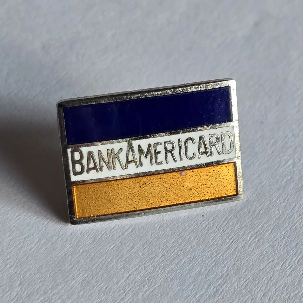 Vintage pin BankAmericard enamel silver tone brooch orange blue